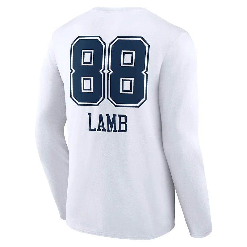 T-shirt à manches longues blanc CeeDee Lamb pour homme avec nom et numéro de l'équipe des Cowboys Dallas