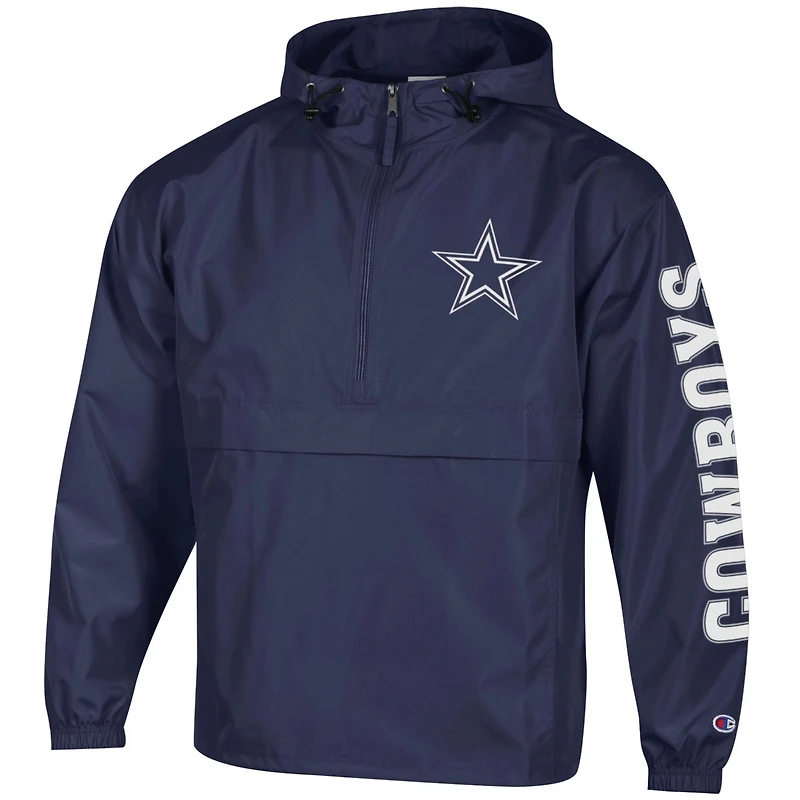 Veste coupe-vent à capuche pliable demi-zip Champion pour homme, bleu marine, Dallas Cowboys