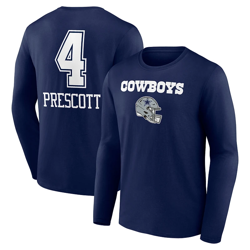 Men's Dak Prescott Navy Dallas Cowboys Team Wordmark Name & Number Long Sleeve T-Shirt