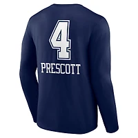 T-shirt à manches longues bleu marine Dak Prescott pour homme avec nom et numéro de l'équipe des Cowboys Dallas