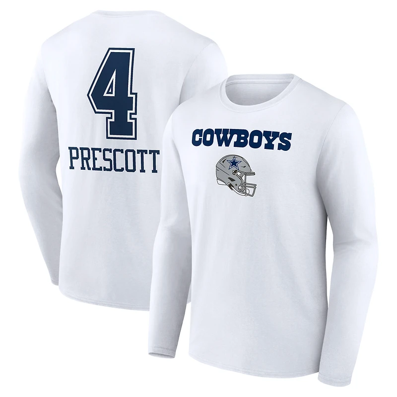 Men's Dak Prescott White Dallas Cowboys Team Wordmark Name & Number Long Sleeve T-Shirt