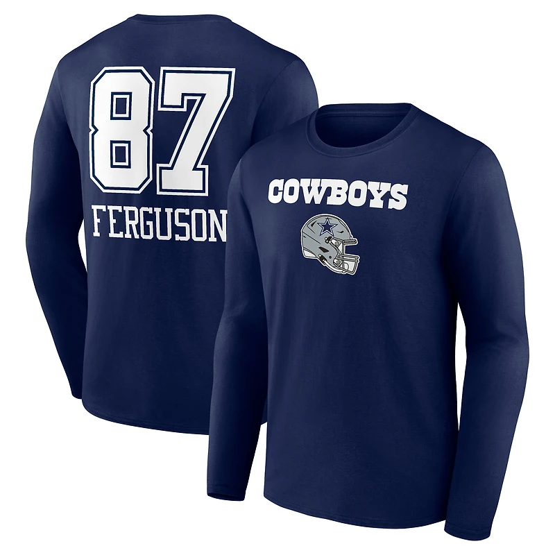 Men's Jake Ferguson Navy Dallas Cowboys Team Wordmark Name & Number Long Sleeve T-Shirt