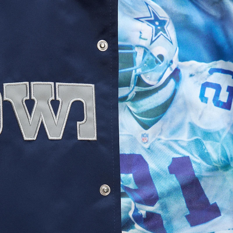 Men's Mitchell & Ness Deion Sanders Navy Dallas Cowboys Retired Player Graphic Full-Zip Satin Jacket