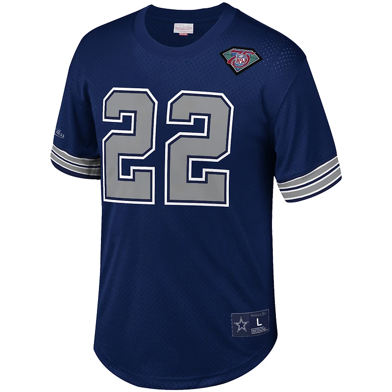 T-shirt en maille Mitchell & Ness pour homme, bleu marine, avec le nom et numéro du joueur retraité des Dallas Cowboys, Emmitt Smith.