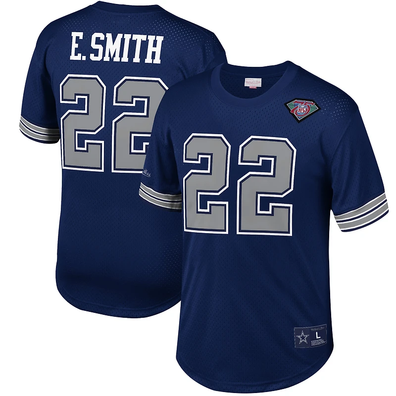 T-shirt en maille Mitchell & Ness pour homme, bleu marine, avec le nom et numéro du joueur retraité des Dallas Cowboys, Emmitt Smith.