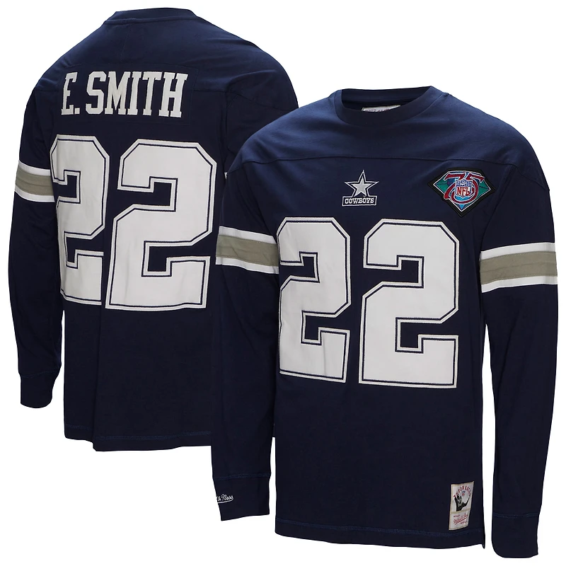 Haut à manches longues pour hommes Mitchell & Ness Emmitt Smith bleu marine Dallas Cowboys Throwback Nom et numéro du joueur retraité