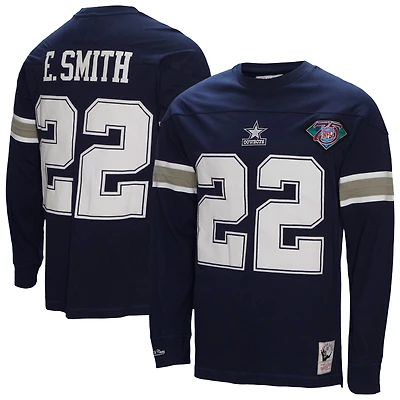 Haut à manches longues pour hommes Mitchell & Ness Emmitt Smith bleu marine Dallas Cowboys Throwback Nom et numéro du joueur retraité