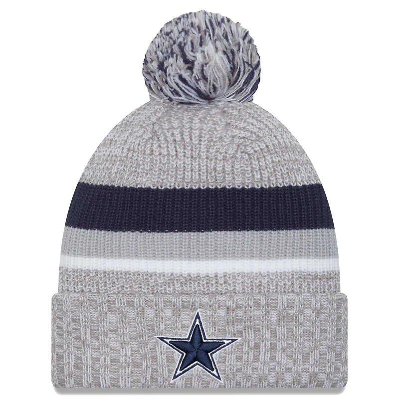 Bonnet en tricot à revers Dallas Cowboys New Era gris chiné pour hommes avec pompon