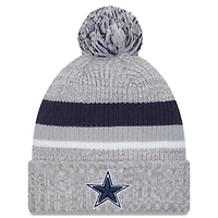 Bonnet en tricot à revers Dallas Cowboys New Era gris chiné pour hommes avec pompon