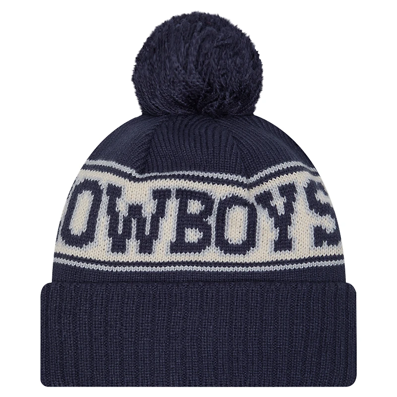Bonnet en tricot à revers rétro Dallas Cowboys New Era bleu marine pour homme avec pompon