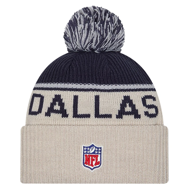 Men's New Era Stone Dallas Cowboys NFL Sideline Historic Cuffed Knit Hat with Pom