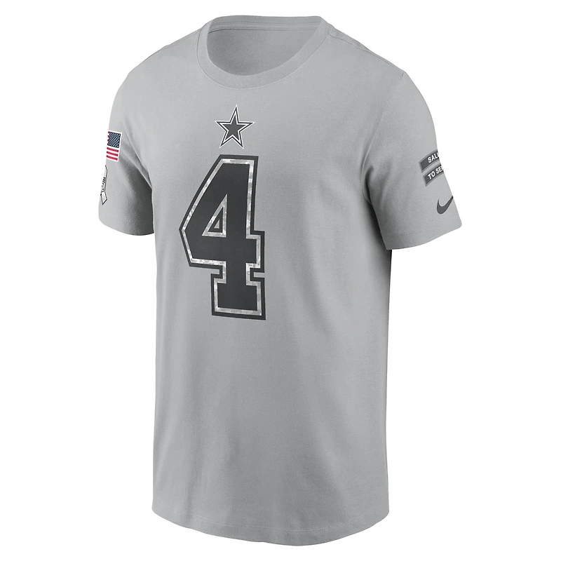 T-shirt Nike Dak Prescott gris Dallas Cowboys 2024 Salute To Service pour homme avec nom et numéro