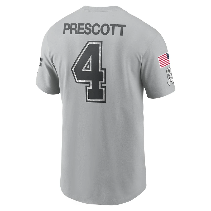 T-shirt Nike Dak Prescott gris Dallas Cowboys 2024 Salute To Service pour homme avec nom et numéro