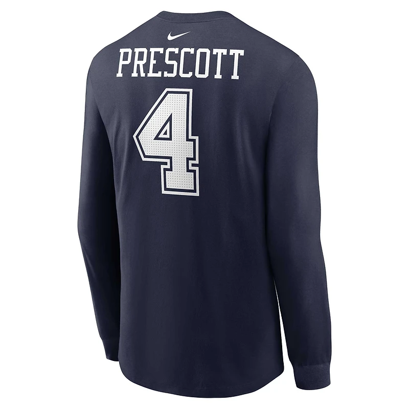 T-shirt à manches longues Nike Dak Prescott pour hommes, bleu marine, nom et numéro du joueur des Dallas Cowboys