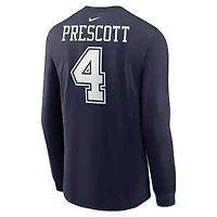 T-shirt à manches longues Nike Dak Prescott pour hommes, bleu marine, nom et numéro du joueur des Dallas Cowboys