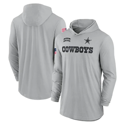 T-shirt à capuche léger et performant manches longues Nike Dallas Cowboys 2024 Salute to Service pour homme, gris