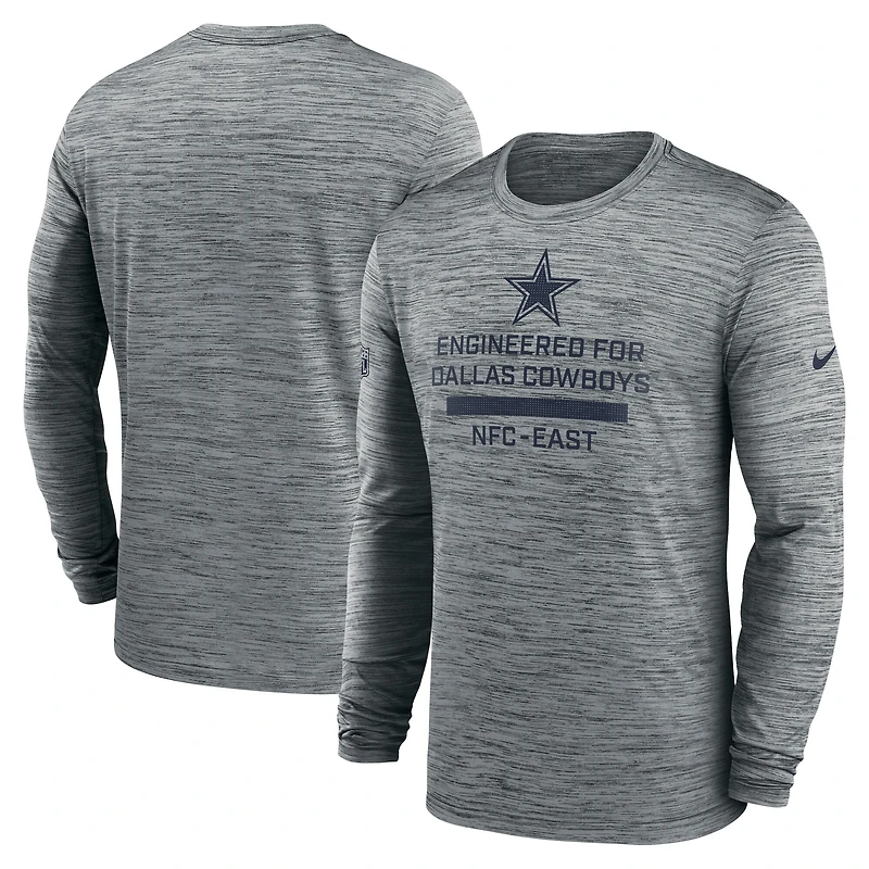 T-shirt Nike gris à manches longues Sideline Velocity Performance pour homme des Cowboys de Dallas