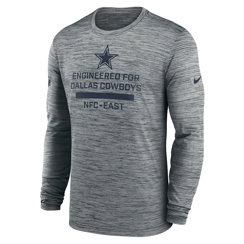 T-shirt Nike gris à manches longues Sideline Velocity Performance pour homme des Cowboys de Dallas