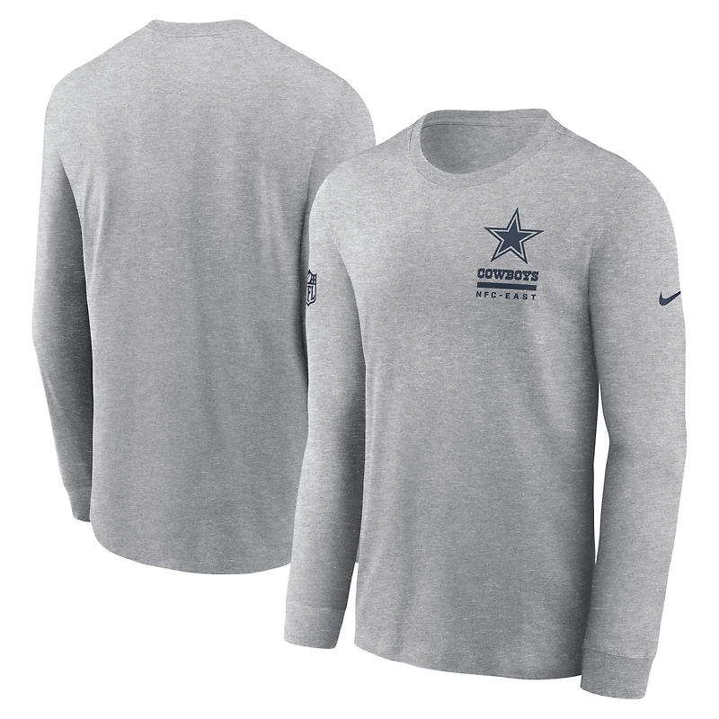 T-shirt Nike à manches longues Dri-FIT Sideline pour homme, gris chiné, des Cowboys de Dallas