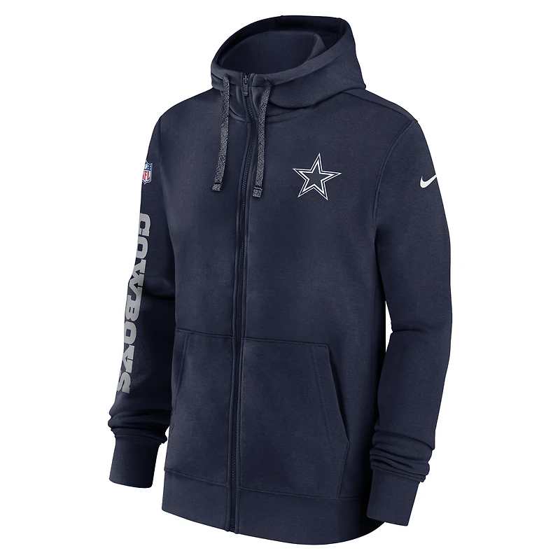 Sweat à capuche entièrement zippé Nike bleu marine Dallas Cowboys 2024 Sideline Club pour homme