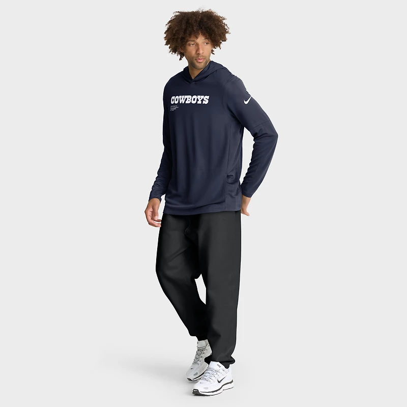 T-shirt à capuche manches longues Nike Dallas Cowboys 2025 Sideline Pure Fury Dri-FIT bleu marine pour homme