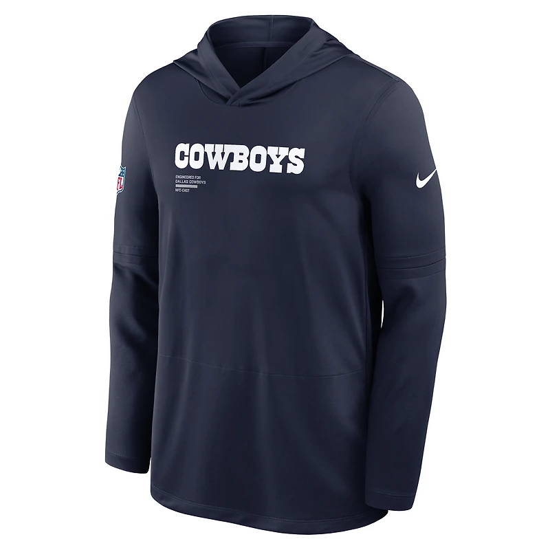 T-shirt à capuche manches longues Nike Dallas Cowboys 2025 Sideline Pure Fury Dri-FIT bleu marine pour homme