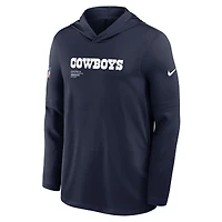 T-shirt à capuche manches longues Nike Dallas Cowboys 2025 Sideline Pure Fury Dri-FIT bleu marine pour homme