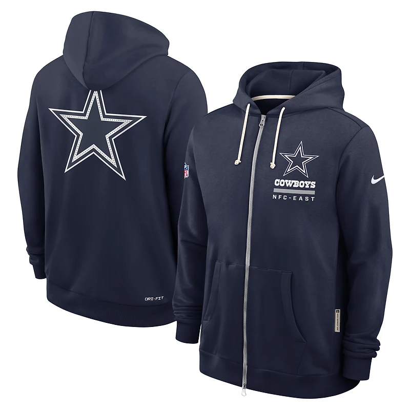 Sweat à capuche Nike bleu marine Dallas Cowboys 2025 Sideline Standard Issue Utility Player Dri-FIT entièrement zippé pour homme