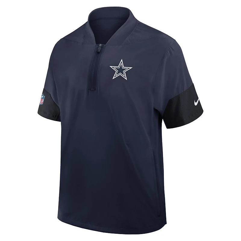 Veste d'entraîneur Nike Dallas Cowboys Sideline bleu marine pour homme, manches courtes, fermeture éclair au quart, technologie Dri-FIT