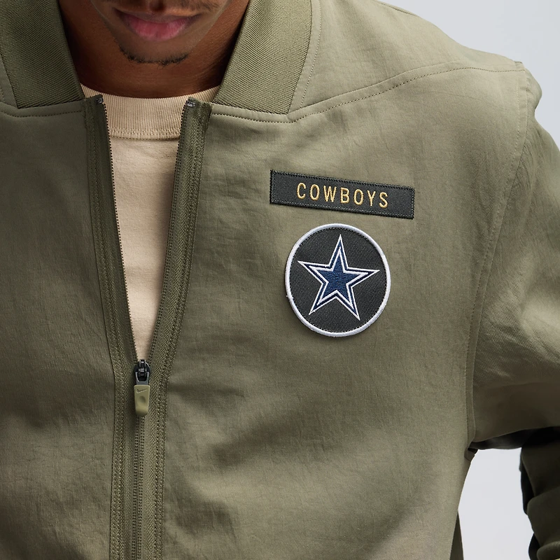 Veste aviateur Nike olive Dallas Cowboys 2025 Salute to Service Sideline entièrement zippée pour homme