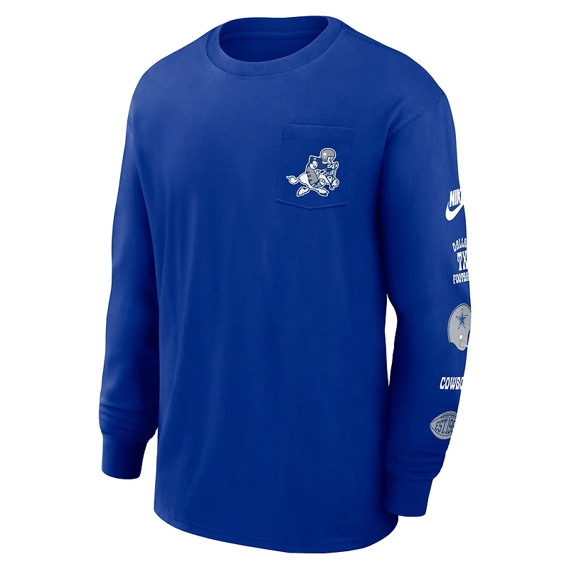 T-shirt à manches longues Nike Royal Dallas Cowboys Rewind Heavy Max 90 avec poche pour homme