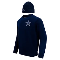 Pull à col rond et chapeau en tricot revers Pro Standard pour hommes, bleu marine, Dallas Cowboys, coffret cadeau