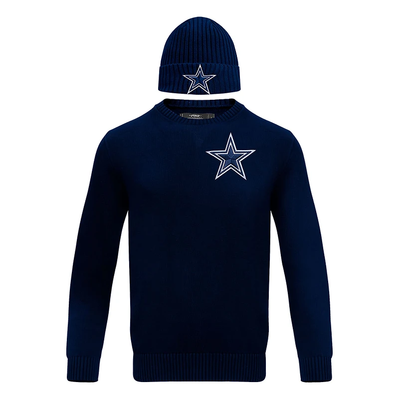 Pull à col rond et chapeau en tricot revers Pro Standard pour hommes, bleu marine, Dallas Cowboys, coffret cadeau
