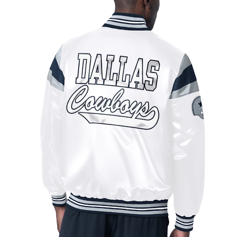 Veste universitaire à bouton-pression en satin Starter White Dallas Cowboys pour hommes