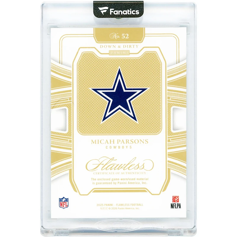 Carte Micah Parsons Dallas Cowboys 2025 Panini Flawless Down & Dirty Game-Used Relic n° 52 n° 4/25