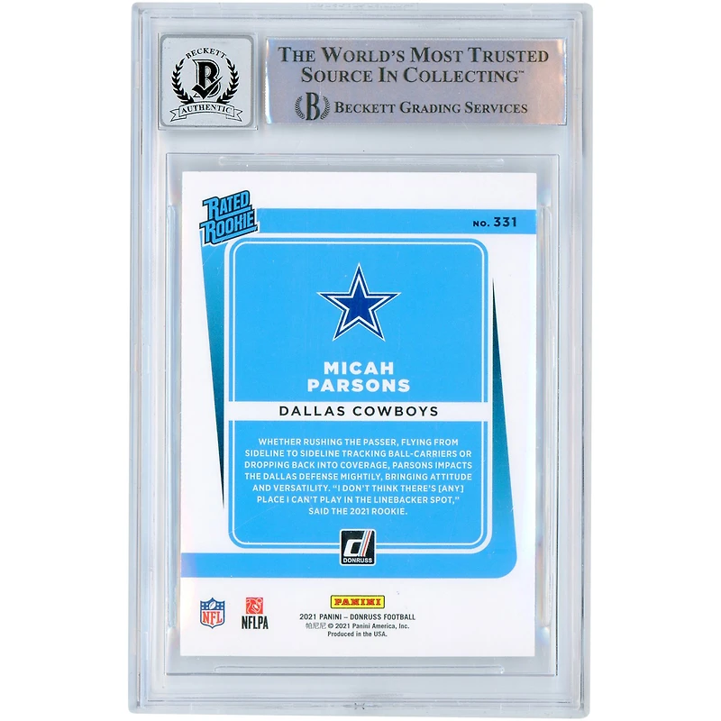 Micah Parsons Dallas Cowboys Autographié 2021 Donruss Rated Rookies #331 Beckett Fanatics Witnessed Authenticated Rookie Card