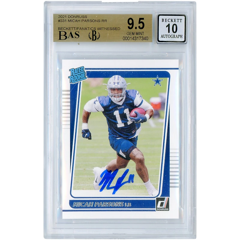 Micah Parsons Dallas Cowboys Carte recrue autographiée 2021 Donruss Rated Rookies #331 Beckett Fanatics Witnessed Authenticated 9.5/10 Rookie