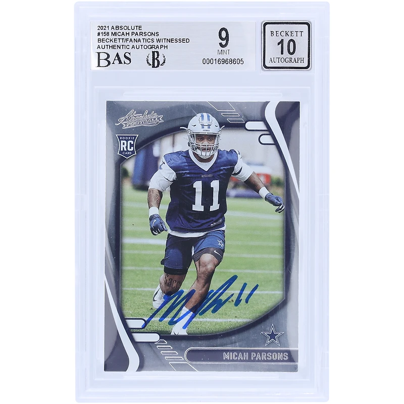 Carte de recrue 9/10 authentifiée 2021 Panini Absolute #158 signée Micah Parsons Dallas Cowboys, présentée par les fanatiques de Beckett