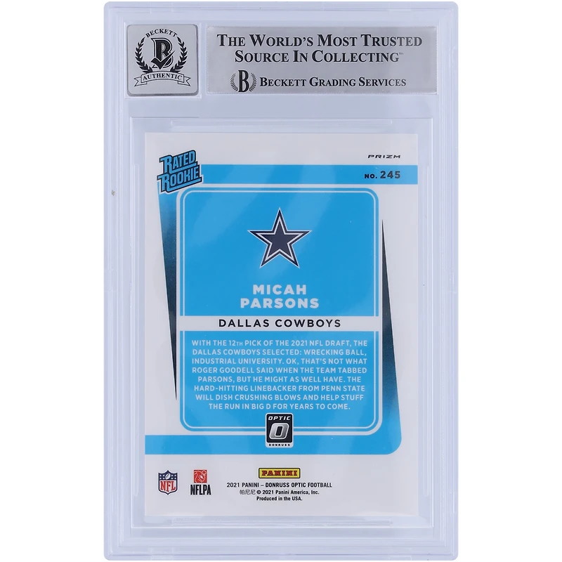 Carte Rookie Holo 2021 autographiée Panini Donruss Optic Rated Rookie Variation #245 Beckett Fanatics Witnessed Authenticated 10 Rookie Card de Micah Parsons Dallas Cowboys