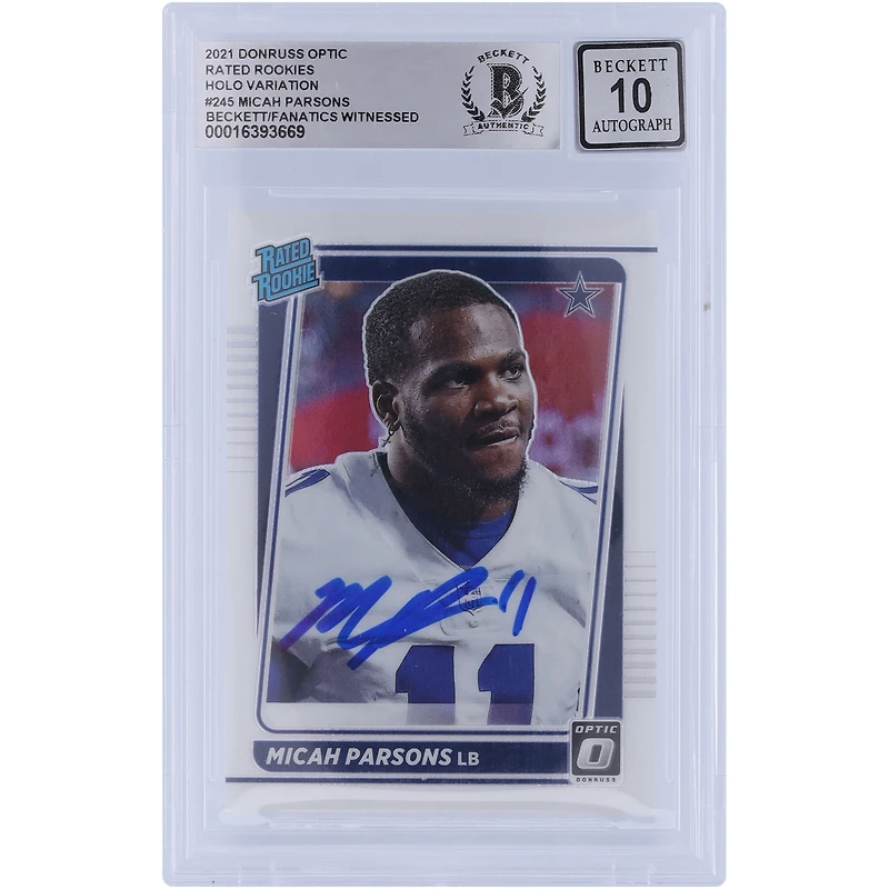 Carte Rookie Holo 2021 autographiée Panini Donruss Optic Rated Rookie Variation #245 Beckett Fanatics Witnessed Authenticated 10 Rookie Card de Micah Parsons Dallas Cowboys