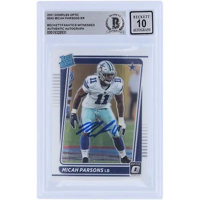 Carte Rookie #245 autographiée 2021 Panini Donruss Optic de Micah Parsons Dallas Cowboys, classée Rookie n°245, Beckett Fanatics, authentifiée et témoin