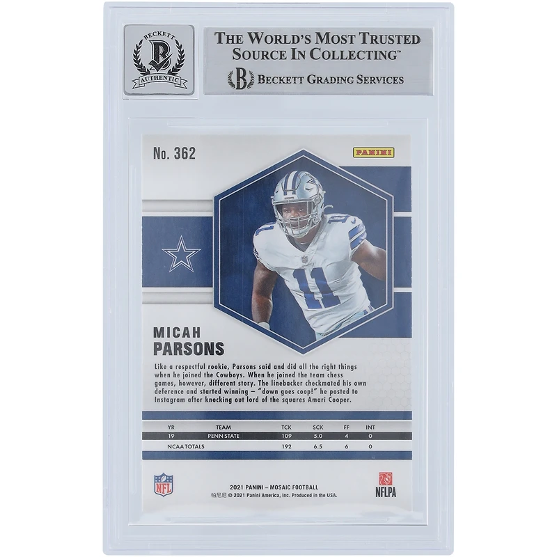 Micah Parsons Dallas Cowboys Autographed 2021 Panini Mosaic #362 Beckett Fanatics Witnessed Authenticated / Rookie Card