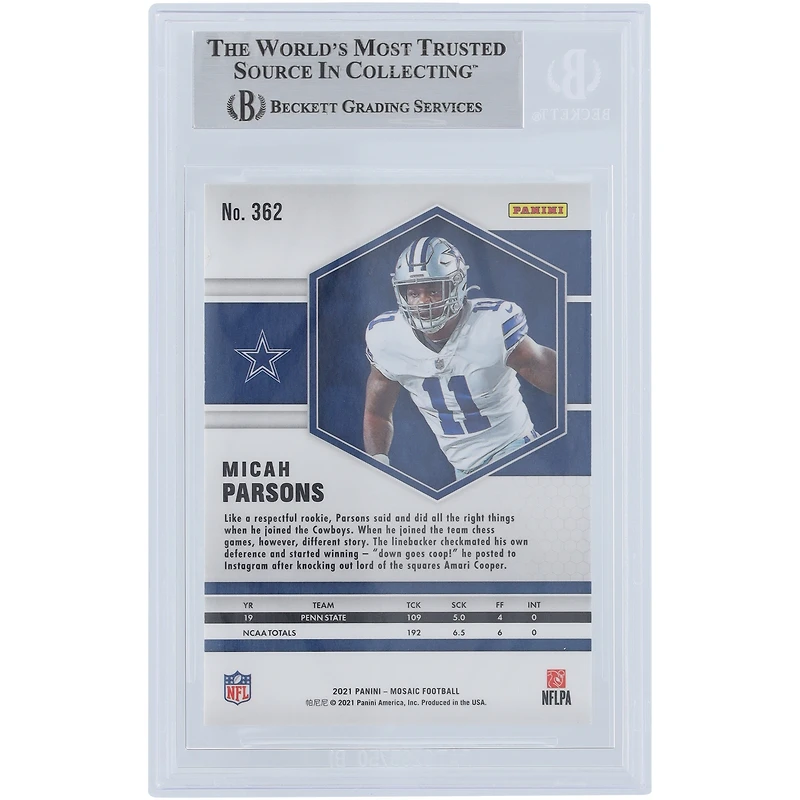Micah Parsons Dallas Cowboys Autographed 2021 Panini Mosaic #362 Beckett Fanatics Witnessed Authenticated Rookie Card