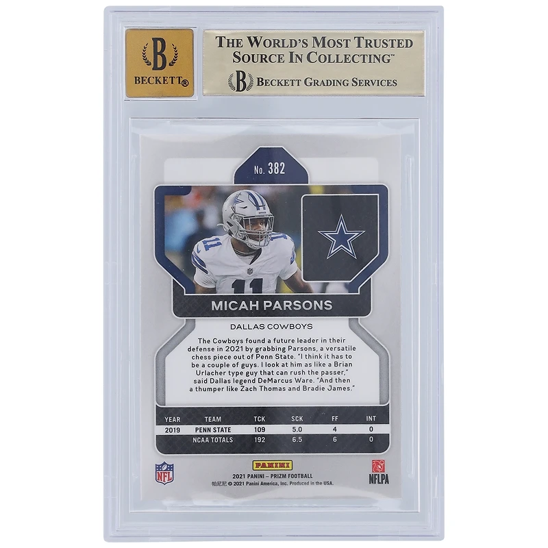 Carte de recrue Panini Prizm #382 autographiée 2021 de Micah Parsons Dallas Cowboys, Beckett Fanatics Witnessed Authenticated 9.5/10