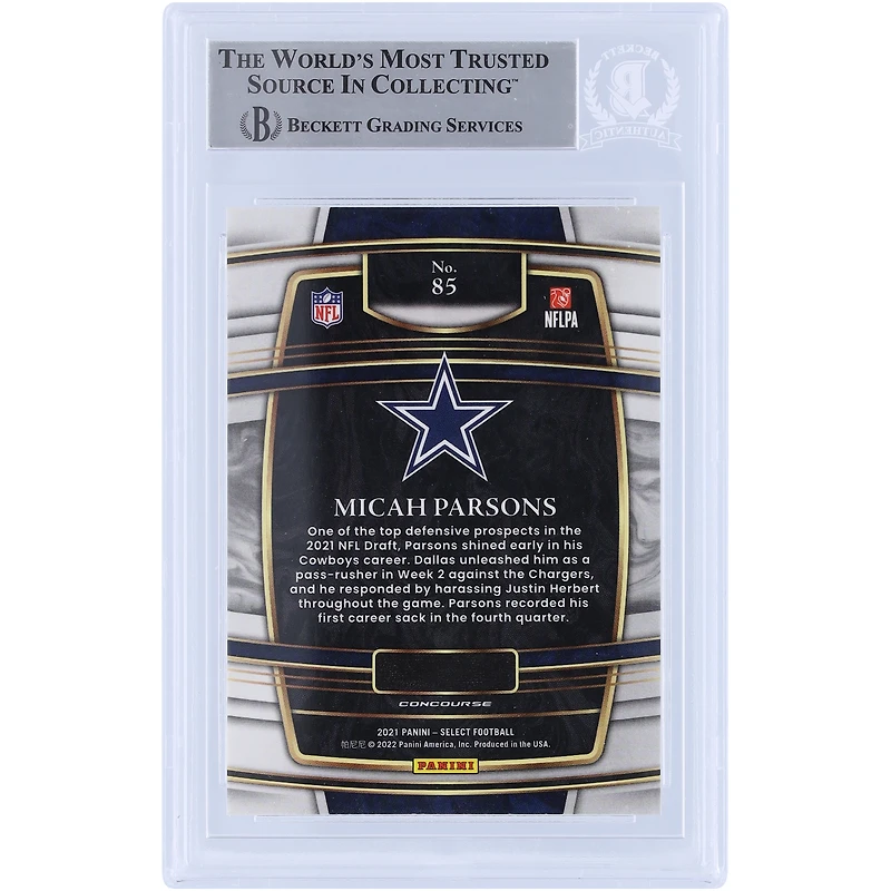 Carte de recrue authentifiée autographiée par Micah Parsons Dallas Cowboys Panini Select #85 2021 Beckett Fanatics