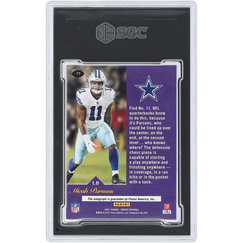 Micah Parsons Dallas Cowboys Autographed 2021 Panini Zenith #77 #171/299 SGC Authenticated 8.5 Rookie Card