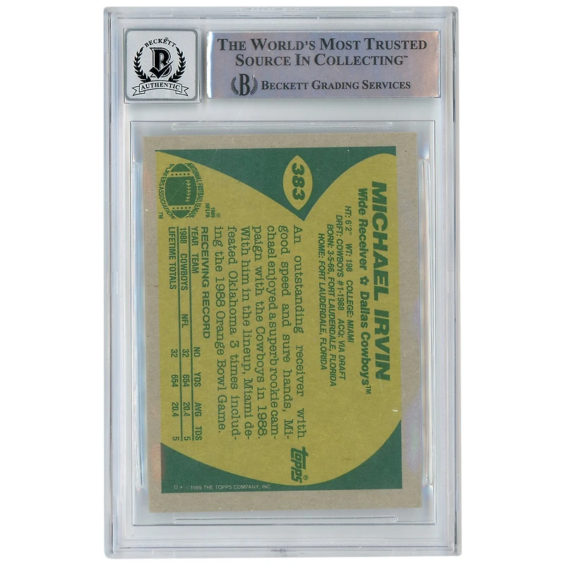Carte de recrue numéro 10 autographiée par Michael Irvin Dallas Cowboys Topps #383 Beckett 1989, carte authentifiée par les fanatiques