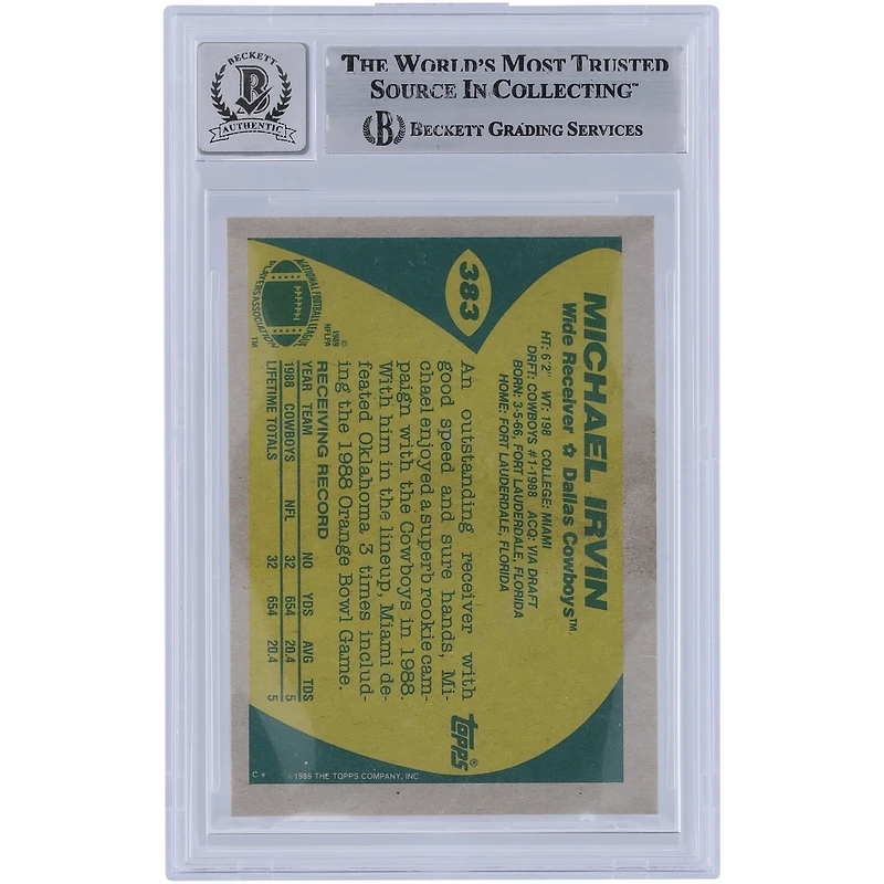 Carte de recrue 9/10 autographiée par Michael Irvin des Cowboys de Dallas Topps n° 383 de 1989, vue par des fanatiques de Beckett