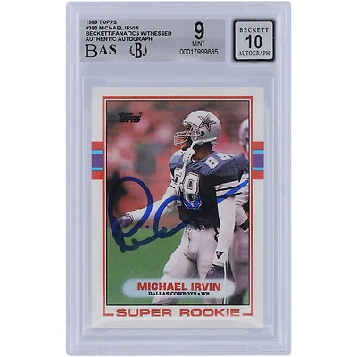 Carte de recrue 9/10 autographiée par Michael Irvin des Cowboys de Dallas Topps n° 383 de 1989, vue par des fanatiques de Beckett