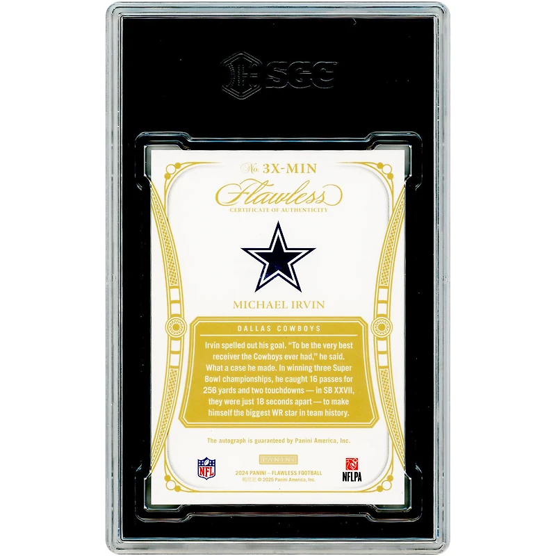 Carte autographiée de Michael Irvin (Dallas Cowboys) - Panini Flawless 3X Champions Signatures 2024 #3X-MIN #16/25 - Authentifiée SGC (9 cartes)